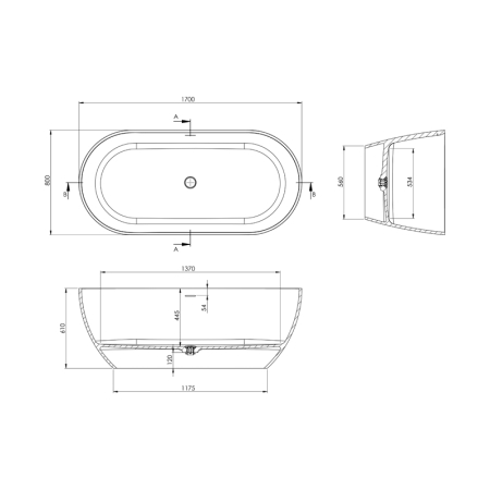 Cadă freestanding Fluminia, Vezuv, din cast marble, cu preaplin 170 x 80 x h61 cm, alb mat [2]