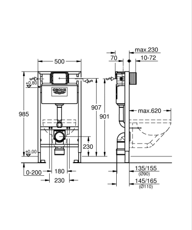 Cadru Grohe 38947000, 1000 mm, 500 mm, 90, 110 mm, 480 mm, 2 moduri spalare, incastrat, elemente montaj [1]