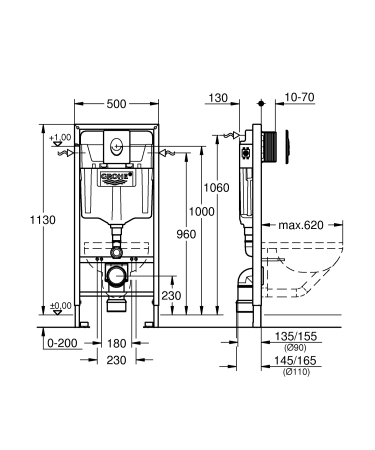 Cadru WC 2in1 Grohe 38764001, 1130 mm, 500 mm, 110, 90 mm, 480 mm, 2 moduri spalare, clapeta Skate alba [1]