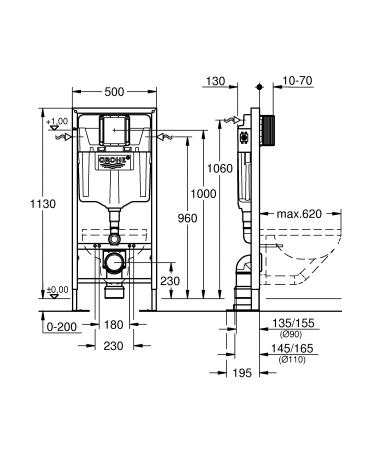 Cadru WC Grohe 38584001, 1130 mm, 500 mm, 90, 110 mm, 480 mm, 2 moduri spalare, incastrat, uscata, otel [2]