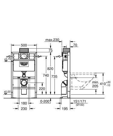 Cadru WC Grohe 38587000, 820 mm, 500 mm, 90, 110 mm, 480 mm, 2 moduri spalare, incastrat, uscata, otel [4]