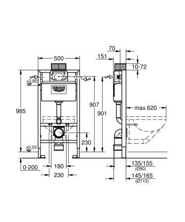 Cadru WC Rapid SL Grohe 38525001, 985 mm, 500 mm, 90, 110 mm, 480 mm, 2 moduri spalare, incastrat, otel [2]