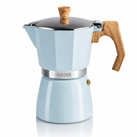 Cafetiera Moka HAEGER MOKA POT 6, Capacitate 6 cesti, Corp din aluminiu, Compatibila cu gaz/electric/vitroceramica, Supapa de siguranta, Albastru [2]