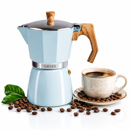 Espressoare si cafetiere - Cafetiera Moka HAEGER MOKA POT 6, Capacitate 6 cesti, Corp din aluminiu, Compatibila cu gaz/electric/vitroceramica, Supapa de siguranta, Albastru