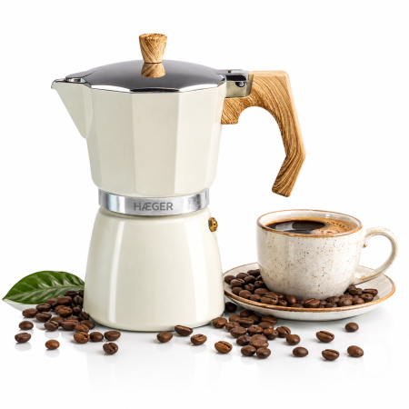 Espressoare si cafetiere - Cafetiera Moka HAEGER MOKA POT 6, Capacitate 6 cesti, Corp din aluminiu, Compatibila cu gaz/electric/vitroceramica, Supapa de siguranta, Bej