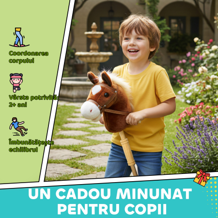  Cal cu Bat si Sunete Realiste pentru Copii 24+ Luni, din Poliester si Lemn, 95x25x27 cm, Maro [6]