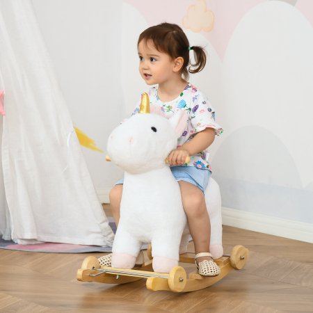  Cal tip Balansoar 2 in 1 Unicorn cu Roti Sunete si Invelis de Plus, Alb [7]