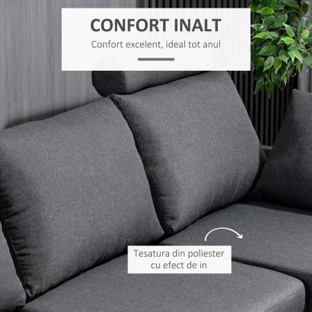 Canapea 3 locuri  cu taburet si perne, tesatura de in gri inchis 194x80x86cm, Confort & Stil pentru Living [4]