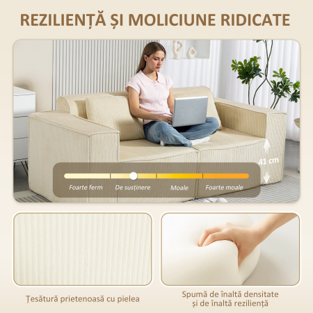  Canapea 3 Locuri Extra Adanca 65 cm, Canapea Modulara Fara Cadru cu Perne Groase, Cotiere Largi si 2 Perne, Design Modern din Catifea cu Nervuri pentru Sufragerie, Bej [3]