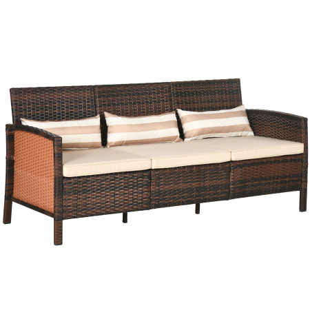 Gradina & balcon -  Canapea de exterior cu 3 locuri, din ratan PE, cu perne confortabile si detasabile, 173x68x78 cm, maro