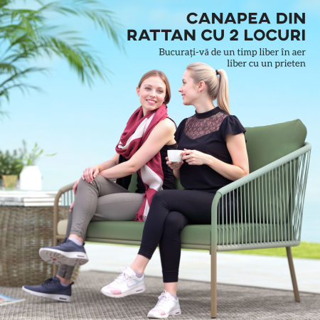  Canapea de Gradina cu 2 Locuri din Ratan PE, Stil Boho, cu Perne Detasabile si Brate, Verde [3]