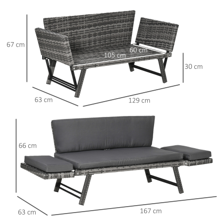  Canapea de Gradina din Ratan si Otel, Canapea cu 2 Locuri si Cotiere Rabatabile, 129x63x67 cm, Gri [2]