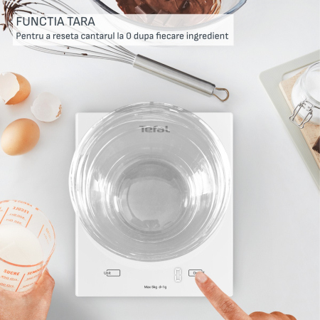 Cantar de bucataraie Tefal Essential BC5504V0, capacitate 5 kg, functie tara, oprire automata, baterii incluse, alb [8]