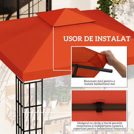  Capac de Foisor, Acoperis pentru Foisor cu 8 Gauri de Drenaj si Curele Velcro, 3x3 m, Rosu Ruginiu [4]