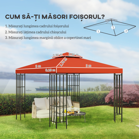  Capac de Foisor, Acoperis pentru Foisor cu 8 Gauri de Drenaj si Curele Velcro, 3x3 m, Rosu Ruginiu [2]