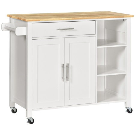 Bucatarie -  carucior bucatarie cu 4 roti, 3 rafturi, pentru bucatarie si sufragerie,107×48×89 cm, din MDF, Lemn de cauciucalba, alb