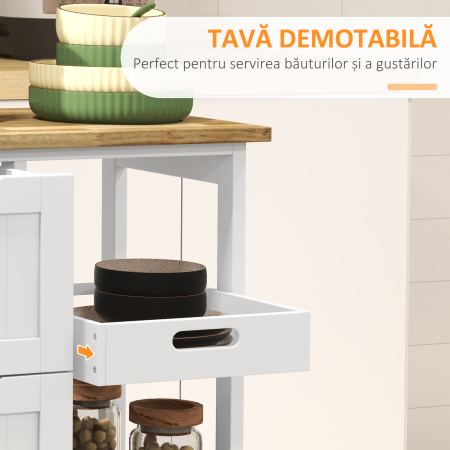  Carucior Bucatarie cu Roti, Insula Bucatarie cu 3 Sertare, 3 Rafturi, Blat din Lemn, Mobilier Multifunctional Compact, 67x37x85.5cm, Alb [4]