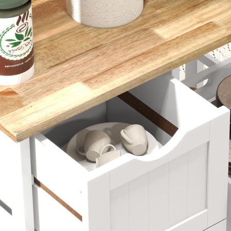  Carucior Bucatarie cu Roti, Insula Bucatarie cu 3 Sertare, 3 Rafturi, Blat din Lemn, Mobilier Multifunctional Compact, 67x37x85.5cm, Alb [7]