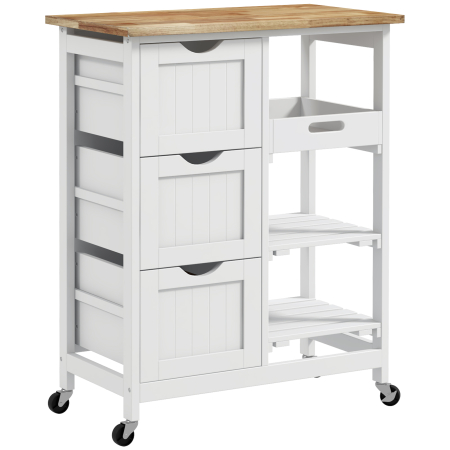  Carucior Bucatarie cu Roti, Insula Bucatarie cu 3 Sertare, 3 Rafturi, Blat din Lemn, Mobilier Multifunctional Compact, 67x37x85.5cm, Alb [0]