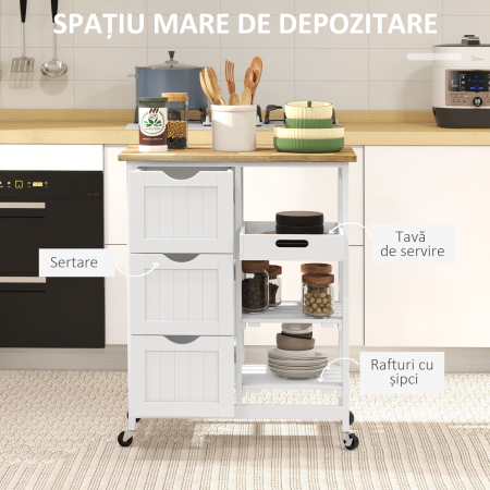  Carucior Bucatarie cu Roti, Insula Bucatarie cu 3 Sertare, 3 Rafturi, Blat din Lemn, Mobilier Multifunctional Compact, 67x37x85.5cm, Alb [3]
