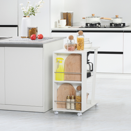 Carucior Bucatarie Lemn Alb - Cu Roti si 2 Rafturi Deschise [7]