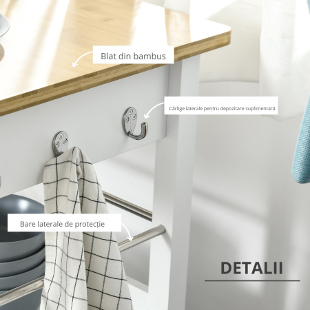  Carucior Bucatarie Mobil Alb Bambus cu Sertar & Raft [6]