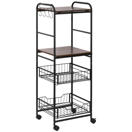 Bucatarie -  Carucior de bucatarie cu 2 cosuri detasabile din metal, 2 rafturi din PAL si carlige laterale, 40x38x111cm