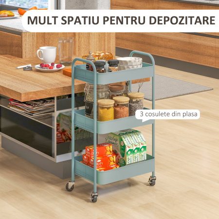 Carucior de Bucatarie cu 3 Niveluri, Manere si 4 Rotile, 45x30,6x79 cm, Albastru Deschis [3]