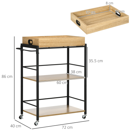  Carucior de bucatarie cu 3 rafturi si tava detasabila e roti mobile, carucior de bucatarie in stil industrial 65x40x86cm, lemn si negru [2]