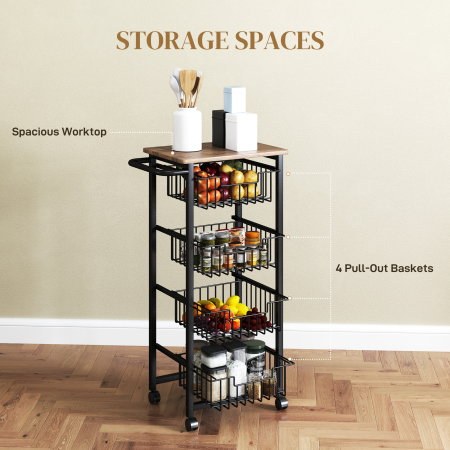  Carucior de Bucatarie cu 4 Cosuri Detasabile, Roti si Frane, Otel si Lemn, 49.5x31x91 cm, Stejar [3]