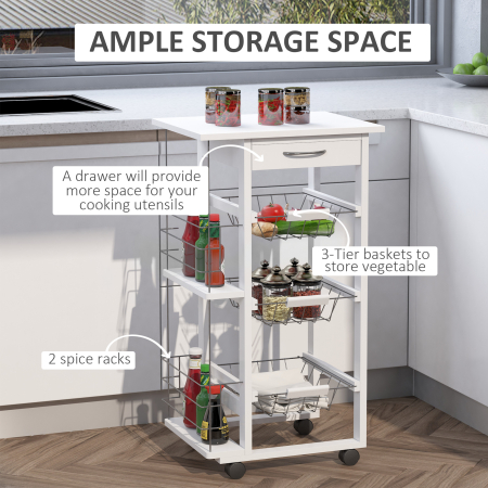  Carucior de Bucatarie cu Economisire de Spatiu din Lemn Alb cu 4 Roti 3 Cosuri Detasabile [4]