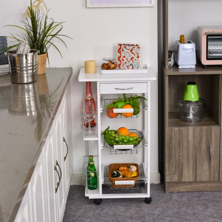  Carucior de Bucatarie cu Economisire de Spatiu din Lemn Alb cu 4 Roti 3 Cosuri Detasabile [1]