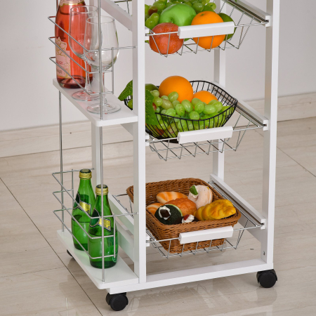  Carucior de Bucatarie cu Economisire de Spatiu din Lemn Alb cu 4 Roti 3 Cosuri Detasabile [8]