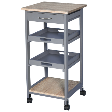 Bucatarie -  Carucior de Bucatarie cu Sertar, 2 Tavi Detasabile si Raft Fix, din Lemn de Pin si MDF, 37x37x76 cm