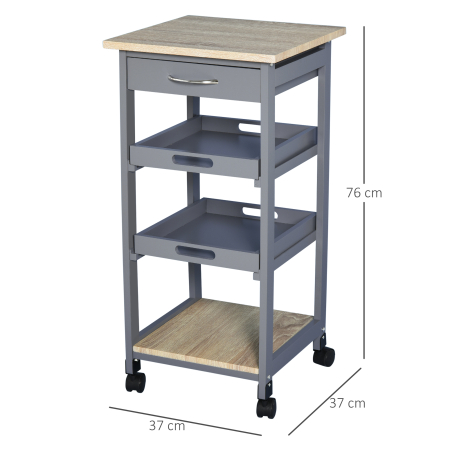  Carucior de Bucatarie cu Sertar, 2 Tavi Detasabile si Raft Fix, din Lemn de Pin si MDF, 37x37x76 cm [2]