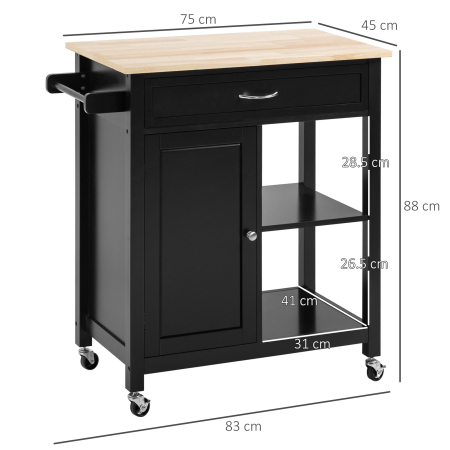 Carucior de Bucatarie din Lemn cu Sertar, Dulapior si Etajere cu Roti, 83x45x88cm, Negru [2]