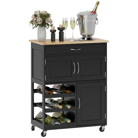 Bucatarie -  Carucior de Bucatarie din Lemn cu Suport pentru Sticle, 3 Usi si Sertar, 67x37x87 cm, Negru si Stejar