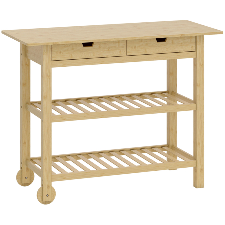 Mobila bucatarie -  Carucior de Bucatarie din Lemn de Bambus cu 2 Sertare, 2 Rafturi si 2 Roti, 100x43x75 cm, Lemn