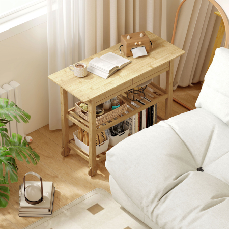  Carucior de Bucatarie din Lemn de Bambus cu 2 Sertare, 2 Rafturi si 2 Roti, 100x43x75 cm, Lemn [8]