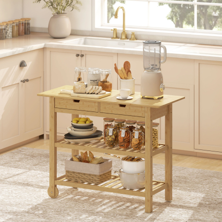  Carucior de Bucatarie din Lemn de Bambus cu 2 Sertare, 2 Rafturi si 2 Roti, 100x43x75 cm, Lemn [1]