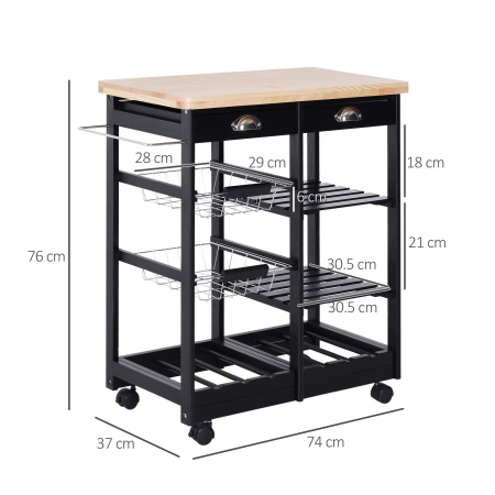  Carucior de Bucatarie Multifunctional din Lemn de Pin, 74x37x75 cm, Negru [2]