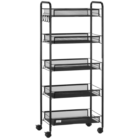  Carucior de bucatarie pe 5 niveluri cu cosuri din plasa, carucior de depozitare pentru sufragerie si dormitor din otel, 45x26,5x106cm, negru [0]