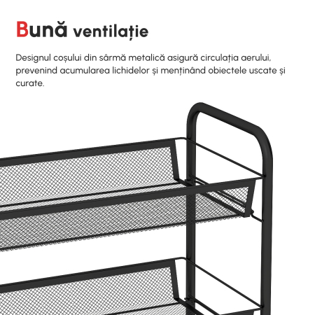  Carucior de bucatarie pe 5 niveluri cu cosuri din plasa, carucior de depozitare pentru sufragerie si dormitor din otel, 45x26,5x106cm, negru [7]