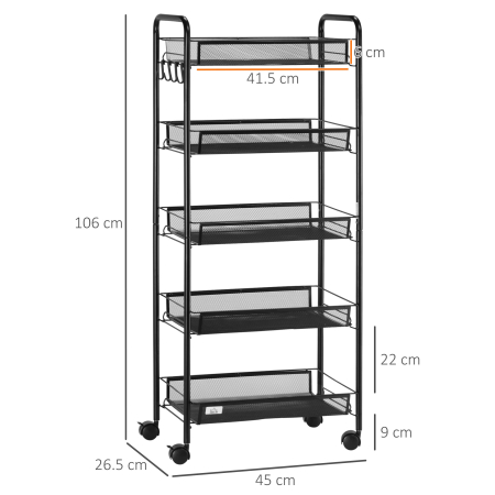  Carucior de bucatarie pe 5 niveluri cu cosuri din plasa, carucior de depozitare pentru sufragerie si dormitor din otel, 45x26,5x106cm, negru [2]
