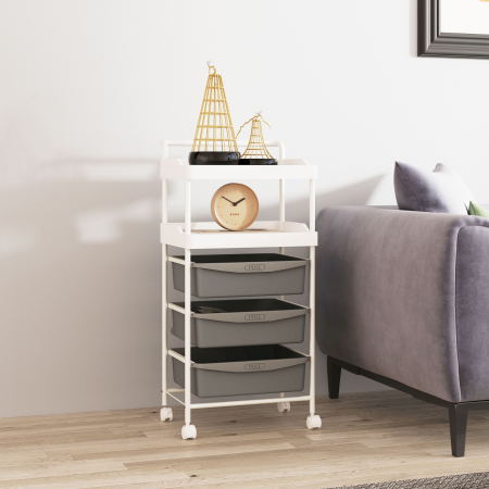  Carucior de Depozitare cu 2 Tavi Fixe si 3 Tavi Glisante, din Otel si PP, 40x34x85 cm, Alb si Gri [1]