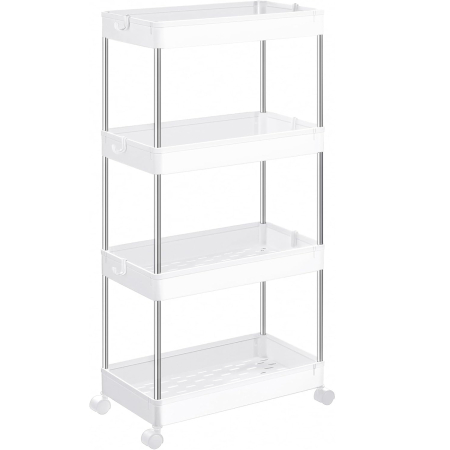 Mobilier pentru baie - Carucior de depozitare mobil cu roti, pe 4 niveluri, 40x22x87 cm, alb