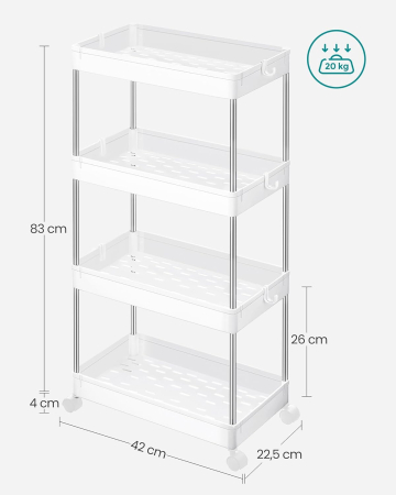 Carucior de depozitare mobil cu roti, pe 4 niveluri, 40x22x87 cm, alb [4]