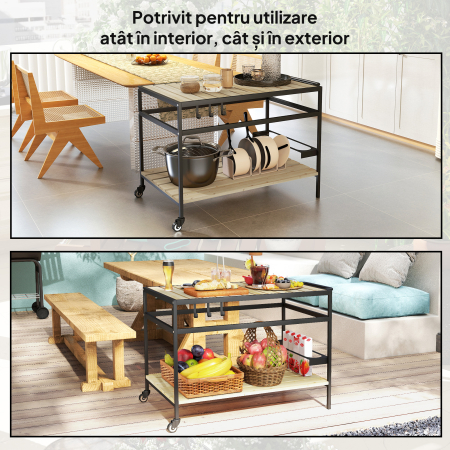  Carucior de Gradina pentru Servit, din Lemn cu sipci si Otel, Raft si Maner, 107x65x80 cm [6]