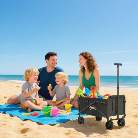  Carucior de Gradina Pliabil 41L cu 4 Roti, Trolley de Camping din Metal si Material Textil Oxford cu Geanta de Transport si Maner Reglabil, Negru [8]