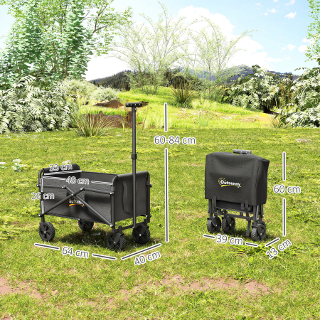  Carucior de Gradina Pliabil 41L cu 4 Roti, Trolley de Camping din Metal si Material Textil Oxford cu Geanta de Transport si Maner Reglabil, Negru [2]